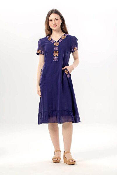 Eliş Şile Bezi Κοντομάνικο φόρεμα Feyza με λαιμόκοψη V, διπλές τσέπες και δέσ...