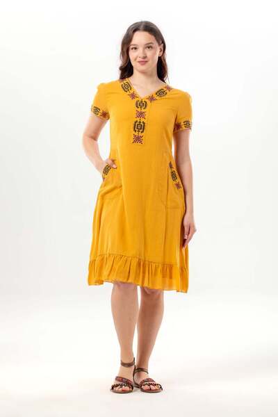 Eliş Şile Bezi Κοντομάνικο φόρεμα Feyza με λαιμόκοψη V, διπλές τσέπες, δεμένο...