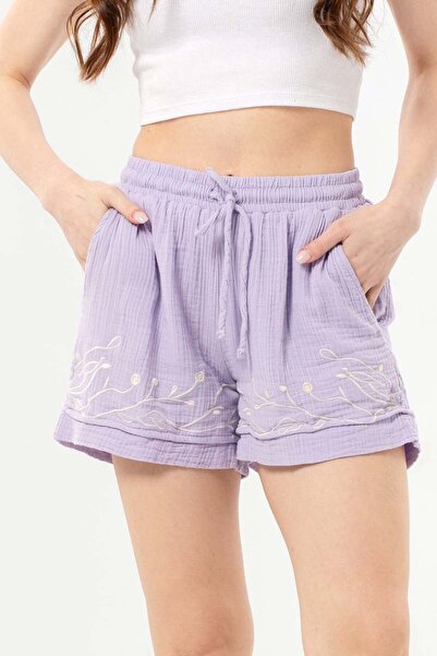Eliş Şile Bezi Μίνι σορτς μουσελίνας με ελαστική μέση, διπλές τσέπες, καλοκαι...