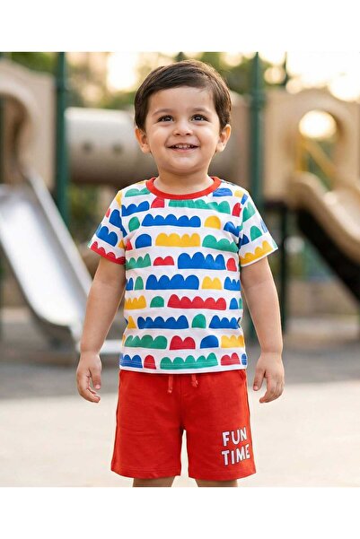 Babyhug طقم تي شيرت مطبوع بأكمام نصفية من قماش الجيرسي المفرد مع شورت - أبيض ...