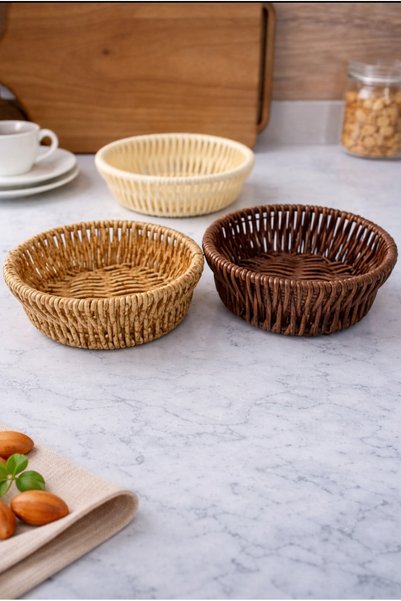 WoodBay طقم أوعية وجبات خفيفة من البلاستيك الراتان مكون من 3 قطع - قطر 10 سم - وعاء تقديم بتصميم من الخوص، قابل للغسل، غير قابل للكسر