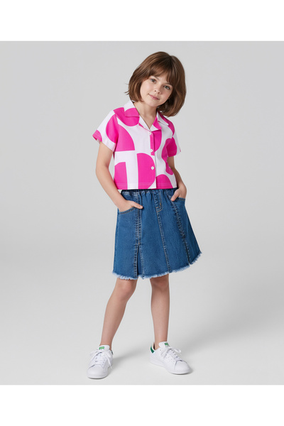 Ollington St. Knit Half Sleeves Printed Top & Denim Skirt Set - Pink/Blue/White