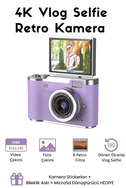 RoseandRoses Sticker Hediyeli Retro Kamera Dönen Ekran Flaşlı Selfie Video Vl...