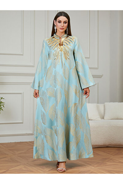 Take Two By Styli Light Blue Leaf Print Embroidered Jalabiya