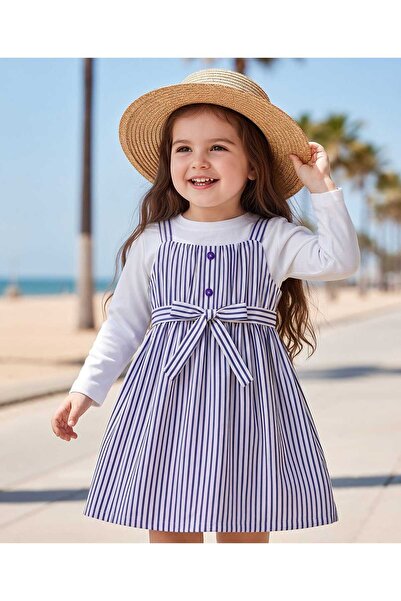 Babyhug فستان منسوج مخطط مع قميص داخلي بأكمام طويلة وحزام - أرجواني وأبيض