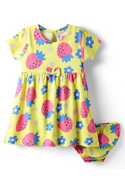Babyhug Strawberry Printed Dress with Bloomers - Yellow