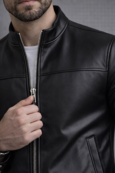 BASEL.CO Εποχιακό δερμάτινο μπουφάν με στενή εφαρμογή και όρθιο γιακά