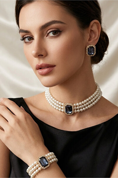 Happyline İncili lacivert baget taşlı gold kaplama inci choker kolye tasarım ...
