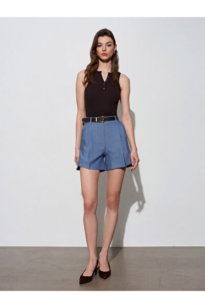 Dilvin 72650 Pleated Belted Shorts-Indigo
