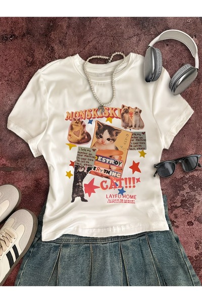 Touz Moda Κοντή Μπλούζα με Ζώνη, Ρετρό, Μονσκίσκι, Στυλ CatCrop