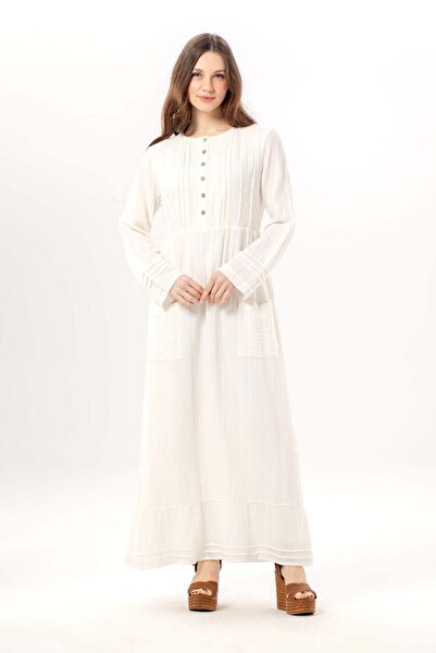 Eliş Şile Bezi Μακρυμάνικο φόρεμα Dora με στρογγυλή λαιμόκοψη και διπλές τσέπ...