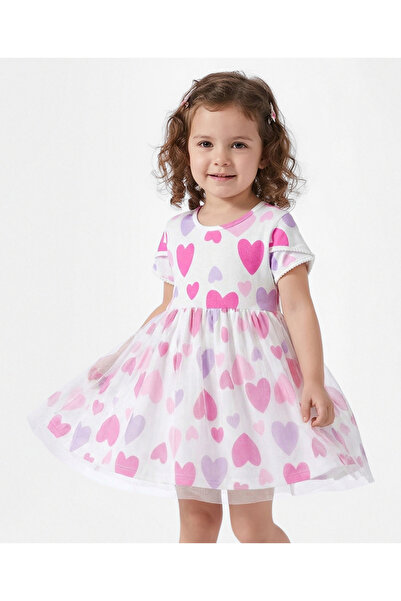 Bonfino Rib All Over Heart Printed Half Sleeves Dress With Mesh Details - White