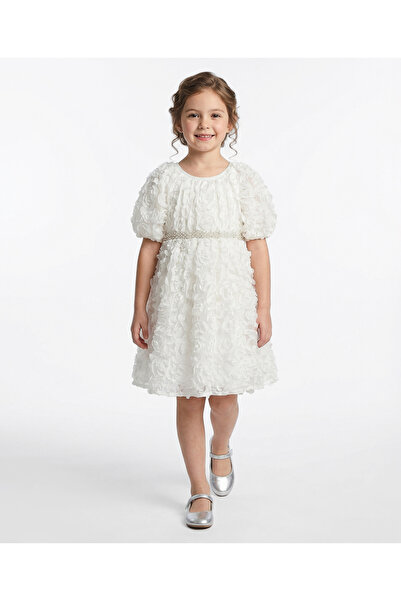 Primo Gino Woven Half Sleeve 3D Floral Party Dress with Pearl Waistband - White