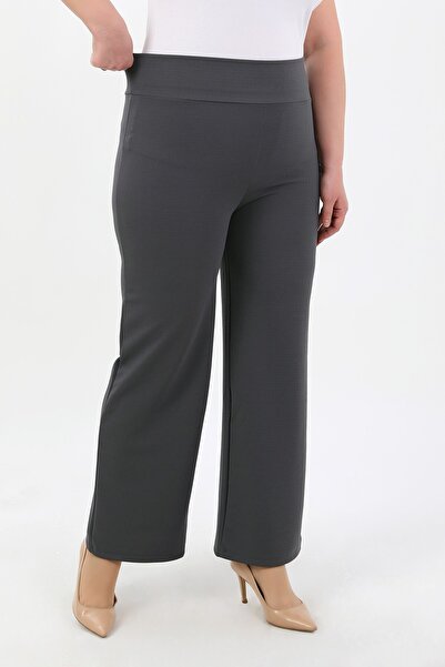 By Alba Collection Women's Gray Lycra Crepe Wide Leg Plus Size Trousers