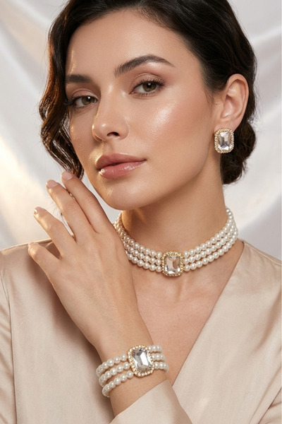 Happyline İncili gümüş baget taşlı gold kaplama cam inci choker kolye tasarım...