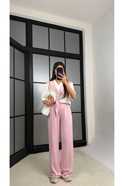 vipelmoda Kadın Fular Detaylı Geniş Paça Modal Takım