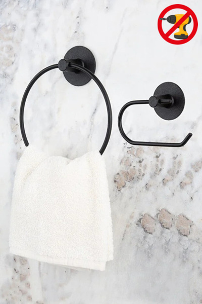 ERFAHOME Black Round Adhesive Ring Towel Holder / Open Toilet Paper Holder 2-...