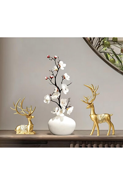 Generic 3 PCS Golden Deer Statue Set with White Ceramic Vase & Artificial Flo...