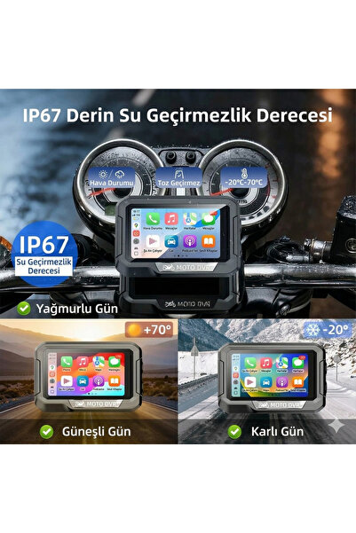 BEKAZE Motosiklet DVR 3.4” HD Çift Kamera CarPlay Android Auto GPS Su Geçirmez Set