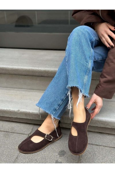 ERVANIN BUTİĞİ Brown Genuine Leather (Alevo) Low-Cut Cut-Out Women's Shoes with Gold Adjustable Buckle Detail