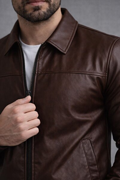 BASEL.CO Βασικό Δερμάτινο Μπουφάν με Γιακά Πόλο σε Στενή Γραμμή