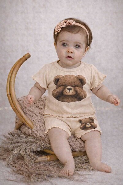 neocotton Baby Girl Teddy Bear Printed 2-Piece Ribbed Shorts Set