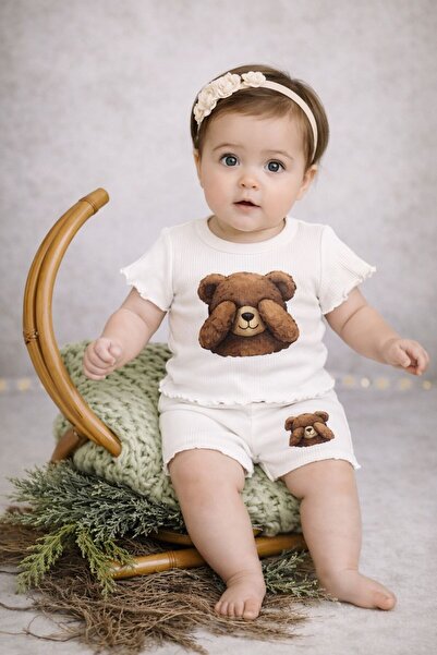 neocotton طقم شورت مضلع مكون من قطعتين مطبوع عليه دمية دب للفتيات الصغيرات