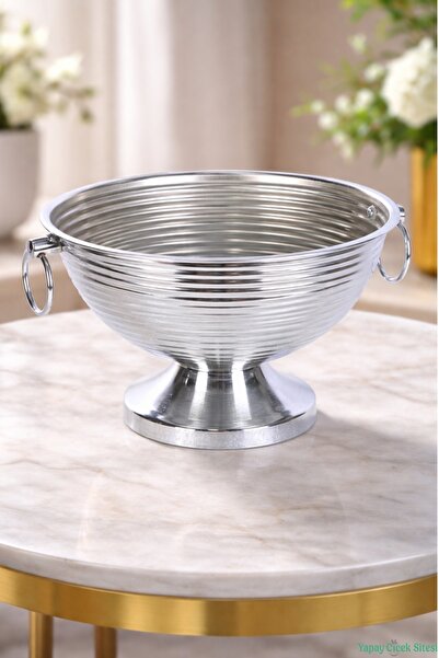 Yapay Çiçek Sitesi Metal Çizgili Küpeli Vazo 17 cm Gümüş