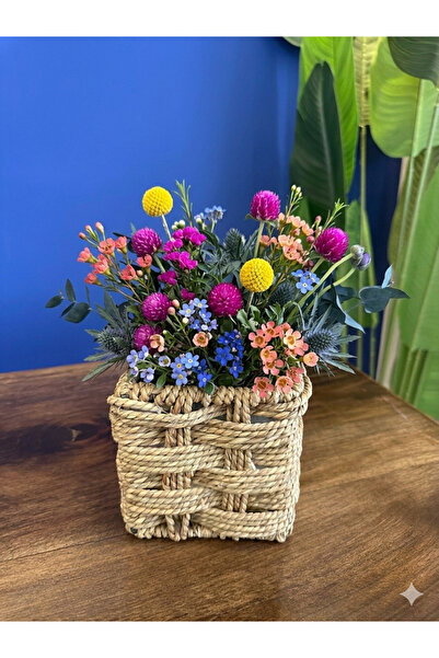 Ahşap Evi Rattan Hasır Kare Saksı Çok Amaçlı Sepet 12x12 Organizer