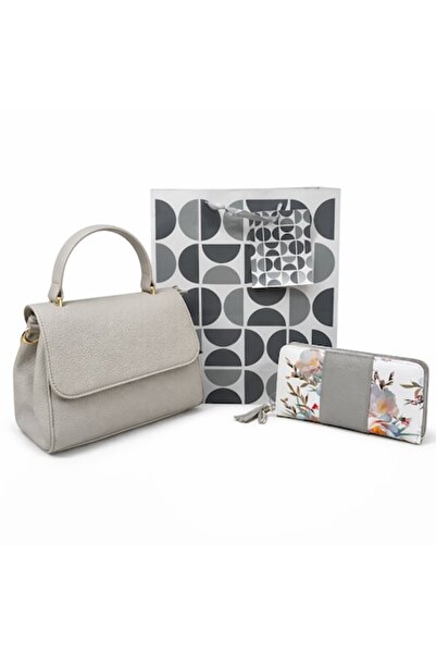 OEM Set cadou elegant pentru femei - geanta gri + portofel gri floral + punga...