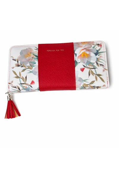 OEM Set cadou elegant pentru femei - geanta rosie cu esarfa + portofel floral + punga cadou