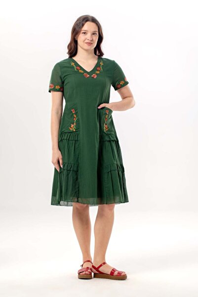 Eliş Şile Bezi Short Sleeve Waistline V-Neck Summer Voile Dress Green Ysl