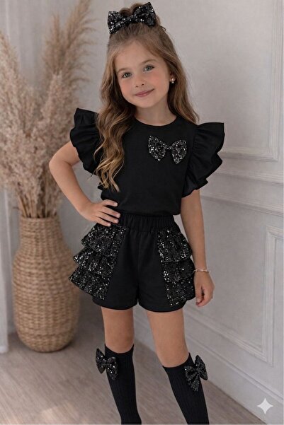 TREND NATURAL Kız Çocuk Fırfırlı Payetli Şort Takım - 4'lü Set (Toka ve Çorap...