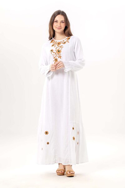 Eliş Şile Bezi Μακρυμάνικο Κεντημένο Φόρεμα Aysu με Λαιμόκοψη Ποδηλάτου από Ύ...