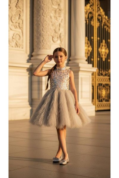 Miss Lorin Kids فستان سهرة للأطفال مزين بالريش