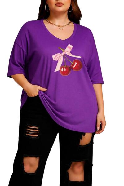 BENROMA TRICOU UNISEX MĂRIME MARE CU GULER ÎN V, CU IMPRIMEU Cireșe și Pangli...