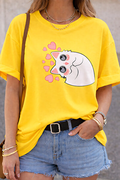 ArtYus Χαριτωμένο μπλουζάκι Unisex Oversize με στάμπα αθώας γάτας που βλέπει ...