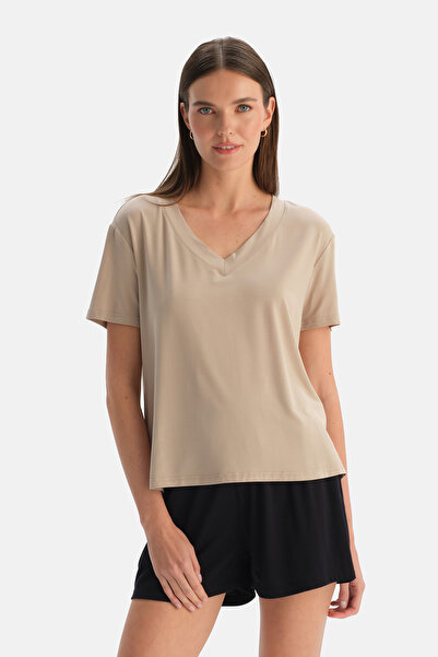 Dagi Μπεζ μπλουζάκι Cool Touch με λαιμόκοψη V