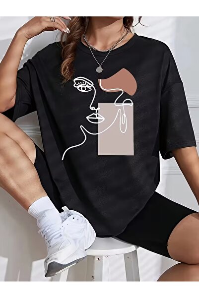 puolikuu تيشيرت مطبوع للنساء من Unisex Comfortable Fit Tshrit cizgi