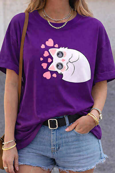 ArtYus Χαριτωμένο μπλουζάκι Unisex Oversize με στάμπα αθώας γάτας που βλέπει ...