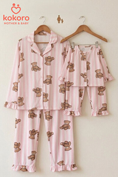 Kokoro Mother & Baby Pembe Çizgili Ayıcık Desenli Anne Kız Kombin Pijama Seti
