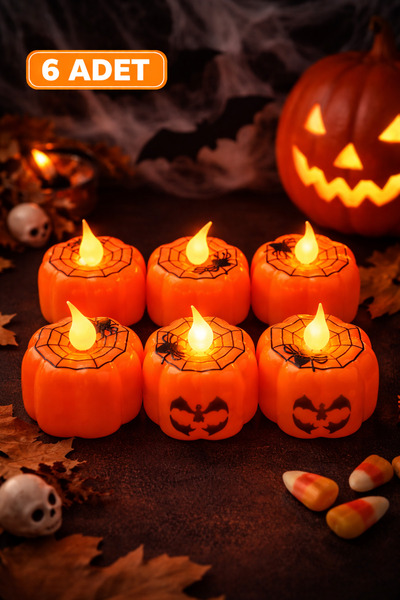 PARTİPORT 6 Adet LED Balkabağı Mum Işıklı Pilli Halloween Dekoratif Mum Seti