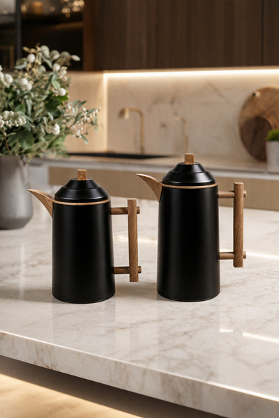 ZALA Unique Luxury Style Black Twin Thermos Set 1L + 0.68L | Wooden Style Hot...