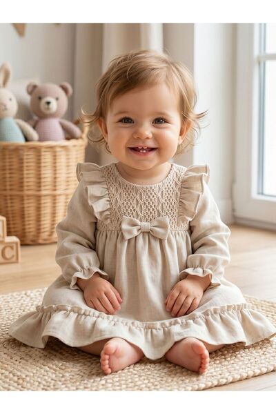 Cherrys Bebek Dantelli Fırfırlı Keten Kız Bebek Elbise