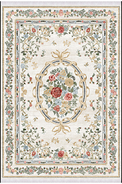 Zeora Home Vintage Gül Desenli Krem Fransız Klasik Şık Salon Oturma Odası Yık...