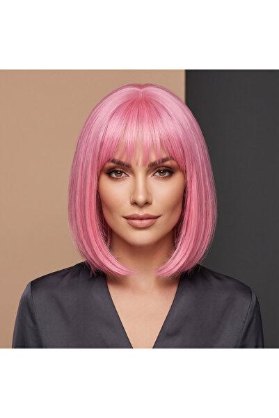 NeednStore Kadın Pembe Küt Perçemli Peruk - 35 cm serisi 1. Kalite Isıya Daya...