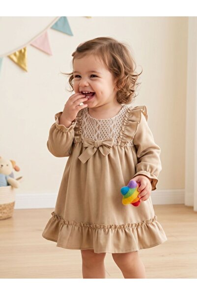 Cherrys Bebek Dantelli Fırfırlı Keten Kız Bebek Elbise