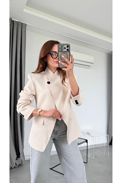 pelin yıldız butik Taş Rengi Tek Düğme Detaylı Blazer Ceket
