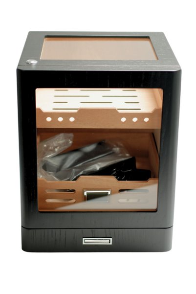 PremiumQuality Sucre Aksesuar Çekmeceli İçi Ledli Siyah Sedir Humidor Puro Kutusu - TR9650