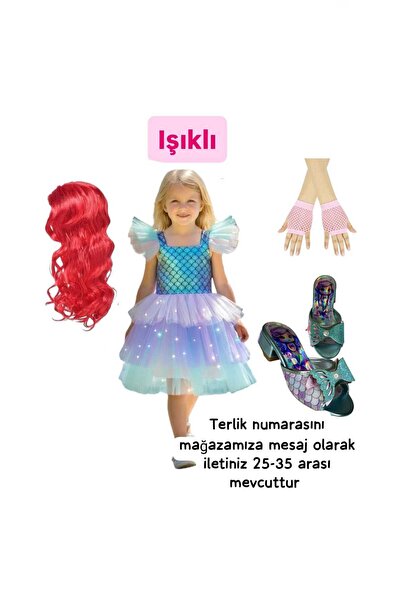 3b kids deniz kızı ışıklı kostüm elbise +deniz kızı saç peruk+pembe file eldi...